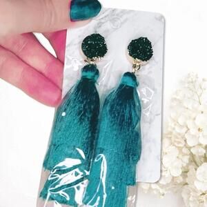 6092. Green Faux Druzy Tassel Earrings
